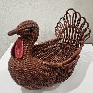 Woven Brown Rattan Turkey Accent Basket with Red Detail